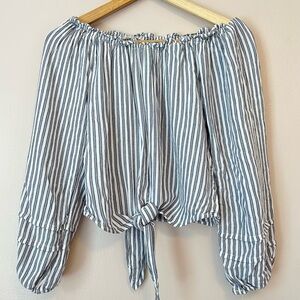 Hollister Y2K Off the Shoulder Striped Peasant Top Tie Front Small Blue White